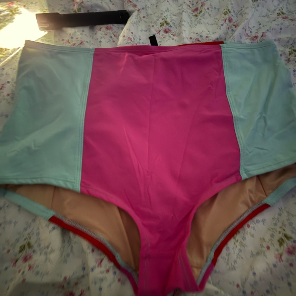 J. Crew Pink and Mint Colorblock High-Waist Bikini Bottoms sz Large NWOT